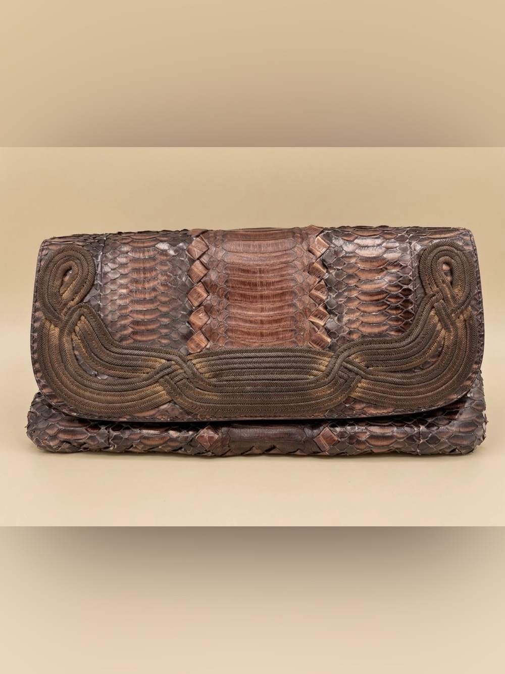 Bottega Veneta Brown Python Leather Fold-Over Clutch